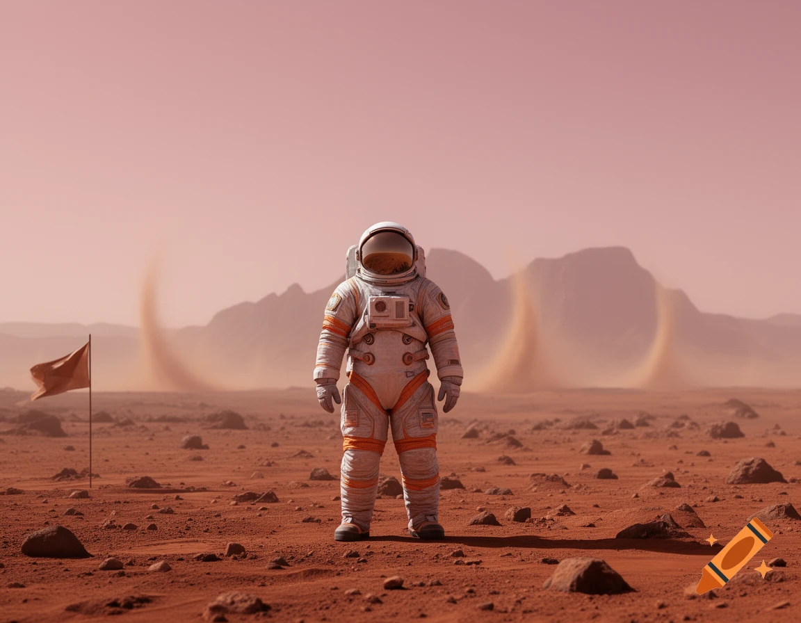 An astronaut in a white suit stands on a rocky red Martian landscape with distant mountains, a flag, and dust devils swirling.