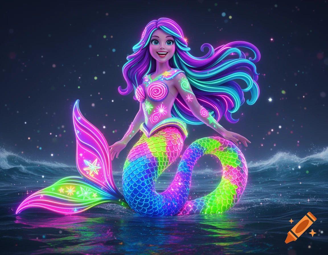 A vibrant, cartoon-style mermaid with glowing neon hair, top, and a rainbow tail smiles while emerging from dark water with sparkling light.