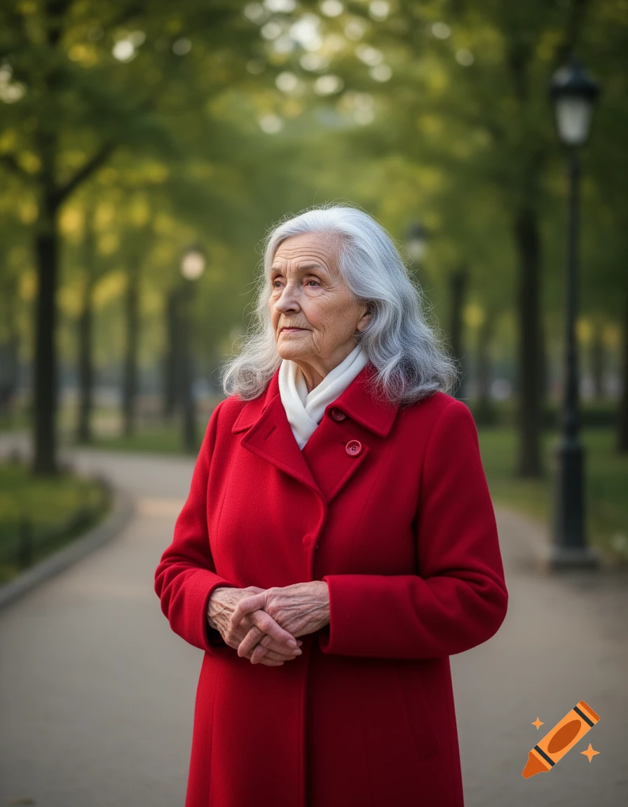 Elderly woman with white hair wearing a red coat and a white scarf, standing in a park with intertwined hands.