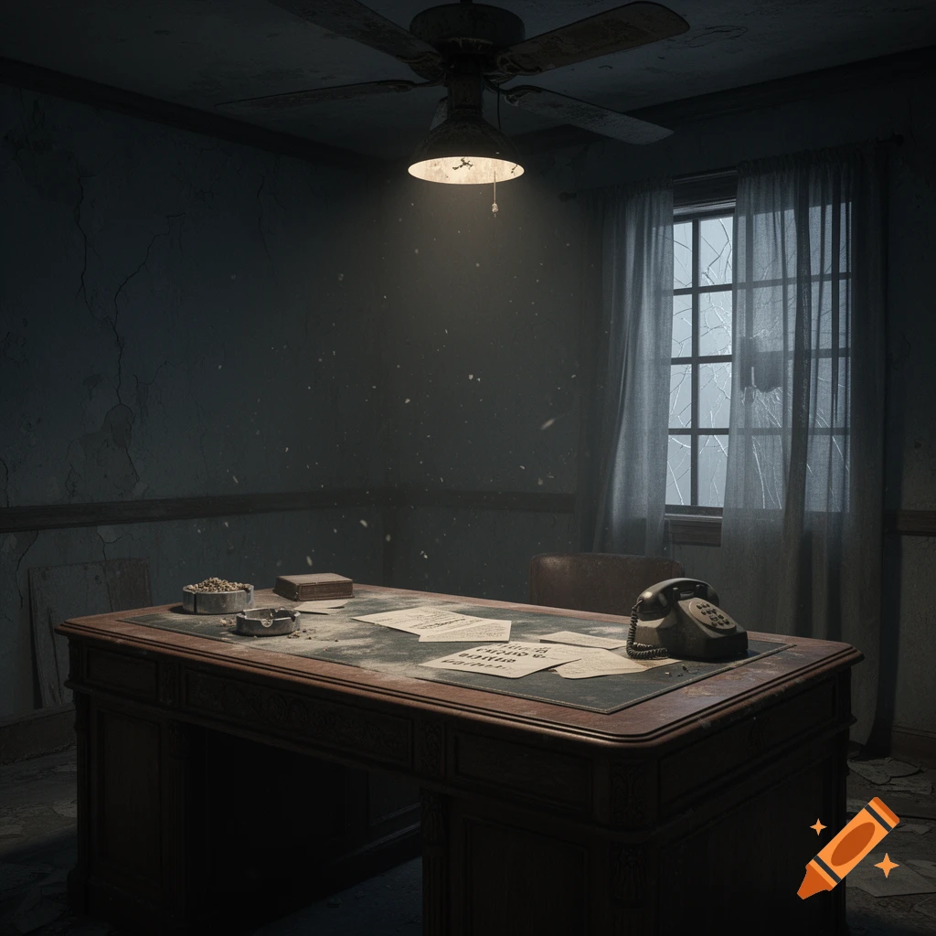 A dimly lit, dusty, abandoned office with an old wooden desk, rotary phone, papers, and a broken window with sheer curtains, evoking a melancholic, noir atmosphere.