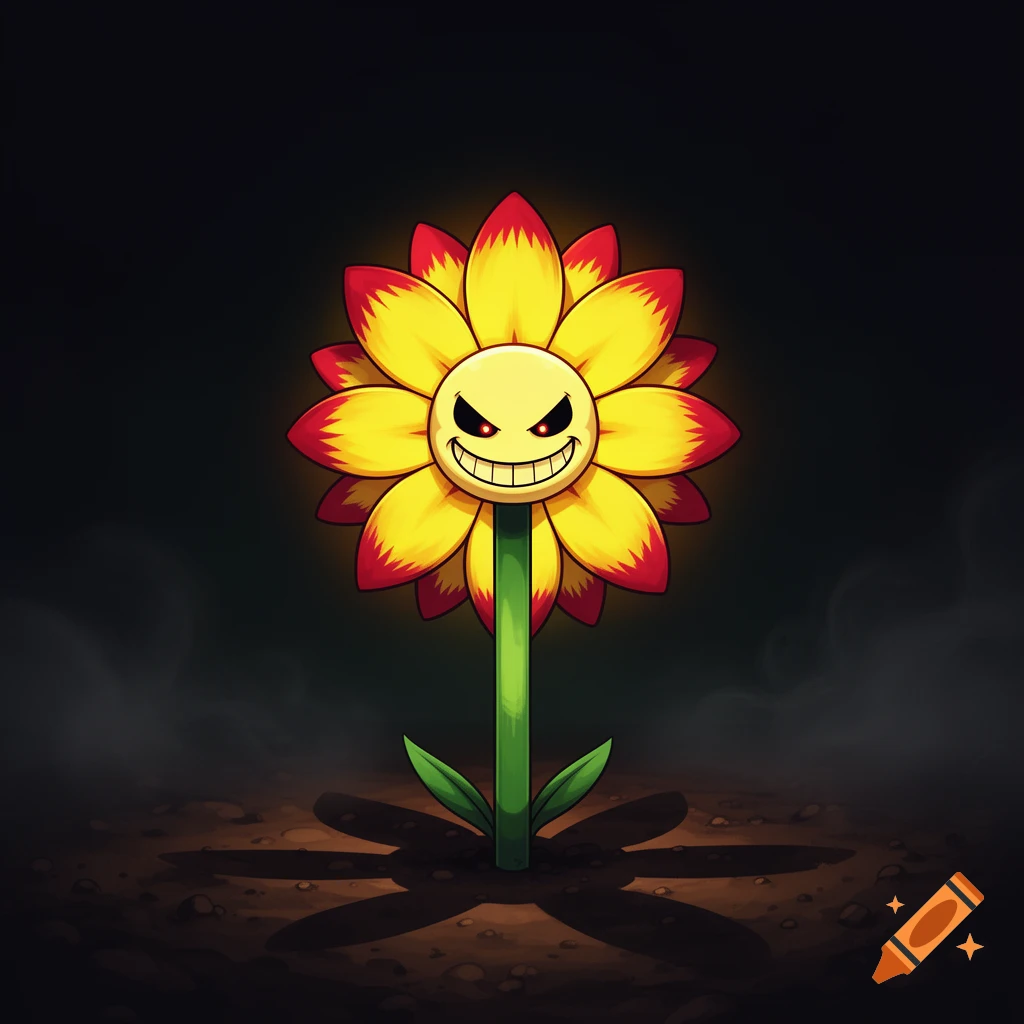Cartoon illustration of Flowey from Undertale, a yellow and red flower with glowing red eyes and a menacing grin, against a dark background.