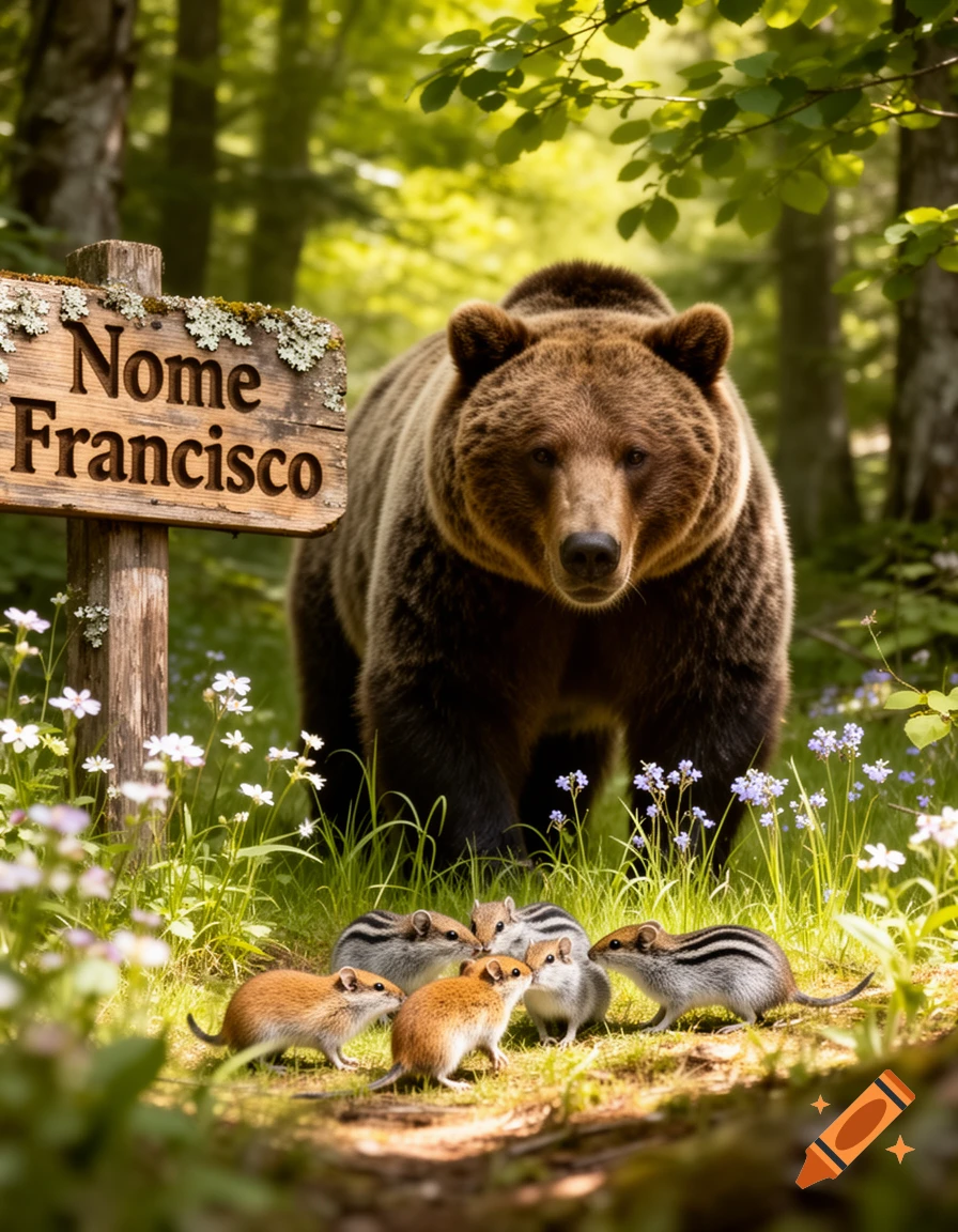 Photorealistic image of a grizzly bear standing behind chipmunks in a sunny forest, with a wooden sign reading 'Nome Francisco'.