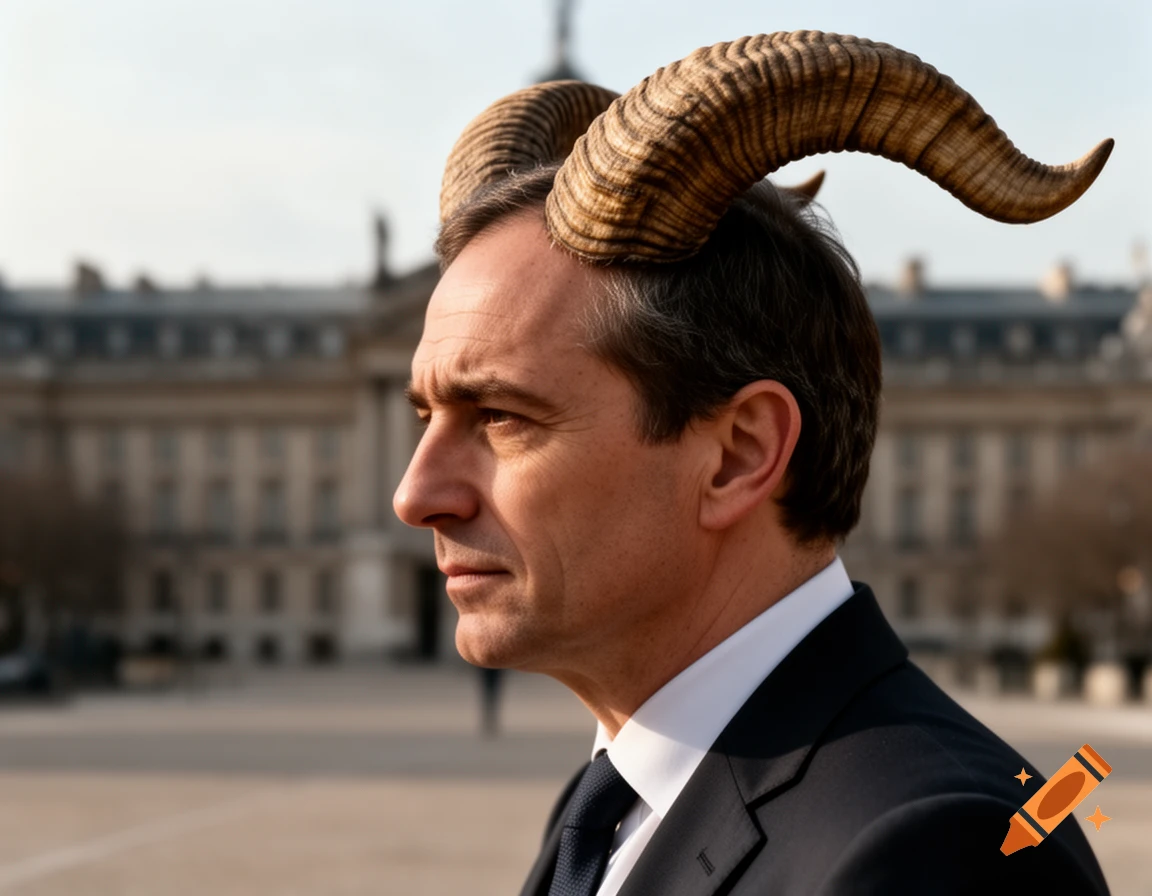 A man in a suit with large ram horns on his head looks left, with a classical building blurred in the background.