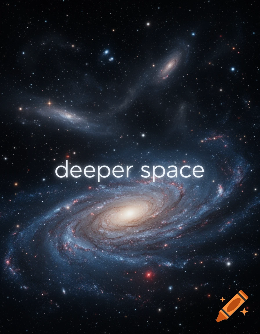 Photorealistic image of a spiral galaxy in deep space with other galaxies and stars, featuring the text "deeper space".