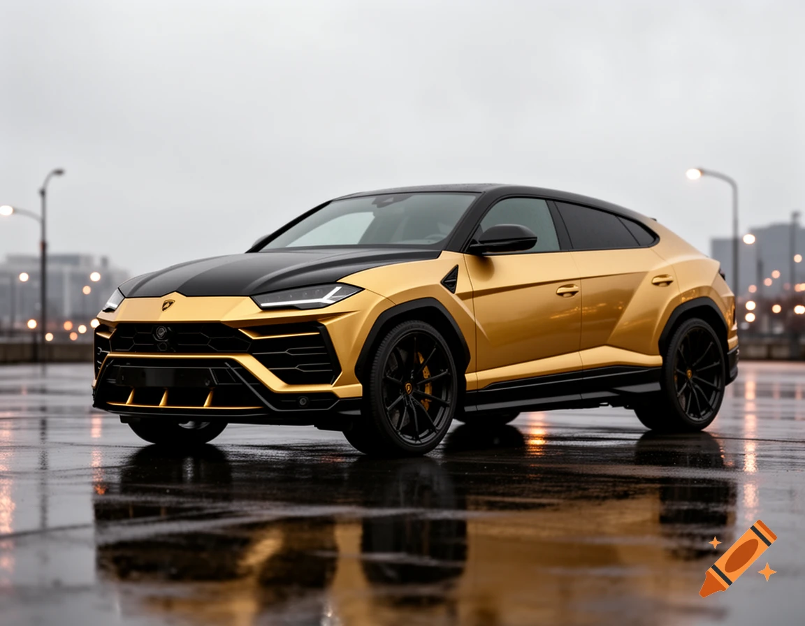 A gold and black Lamborghini Urus SUV parked on a wet street with city lights in the background, photorealistic style.