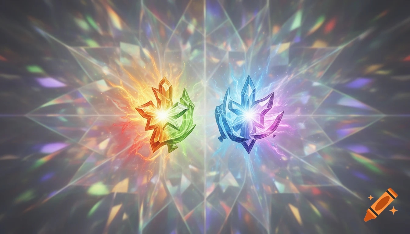 Two glowing, crystalline energy symbols, one orange-green and one blue-purple, against a kaleidoscopic prismatic background.