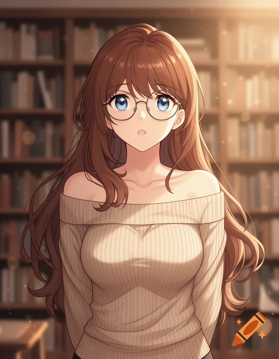 An anime girl with long brown hair and glasses, wearing an off-shoulder sweater, stands in a sunlit library.