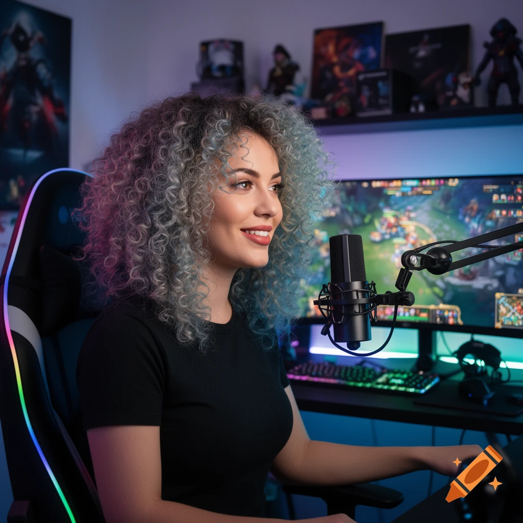 A smiling woman with curly, multi-colored hair sits in a gaming chair, streaming a video game with a microphone and RGB setup.