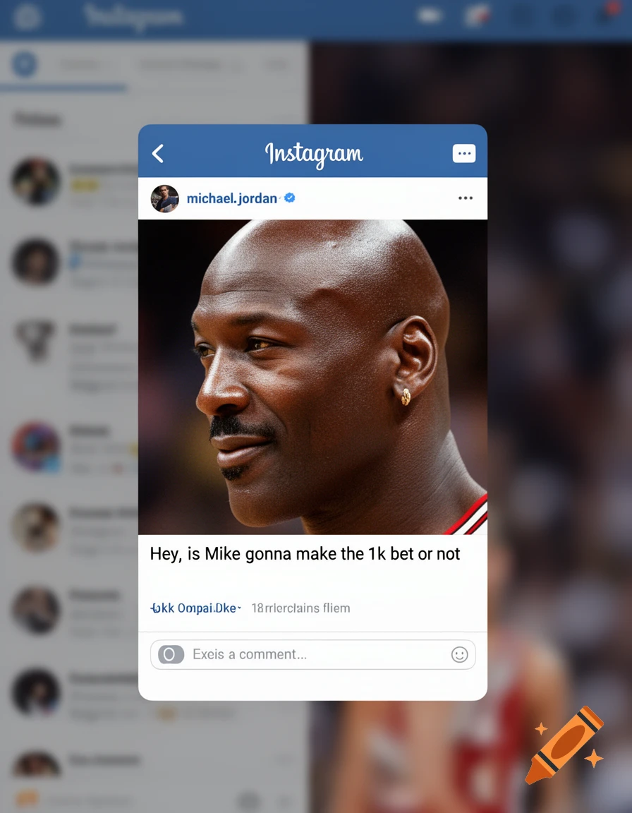An Instagram post featuring a close-up portrait of Michael Jordan, with text overlaying his image asking, "Hey, is Mike gonna make the 1k bet or not".