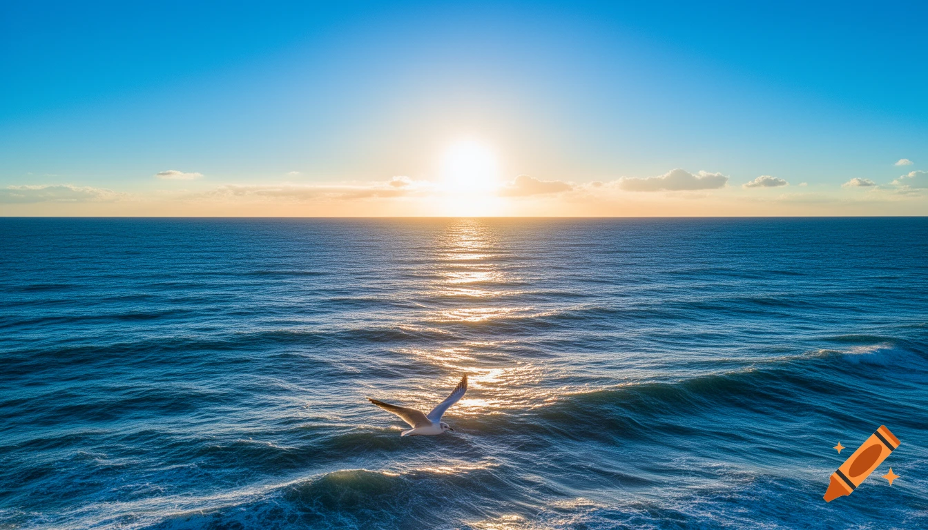 A photorealistic image of a seagull flying over a vast blue ocean with a bright sun on the horizon creating a shimmering path on the water.