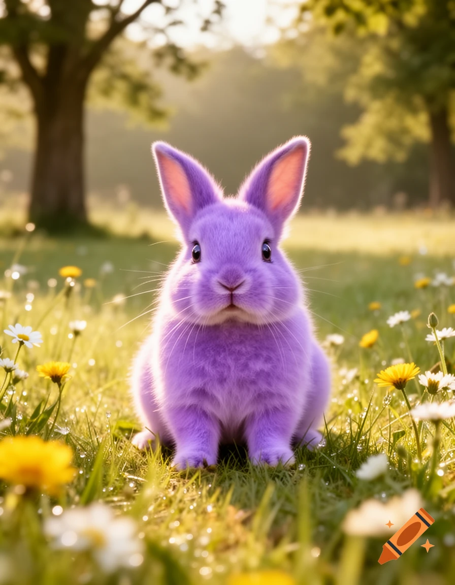 A fluffy purple rabbit sits in a sunlit meadow among yellow and white wildflowers, with trees in the soft background.