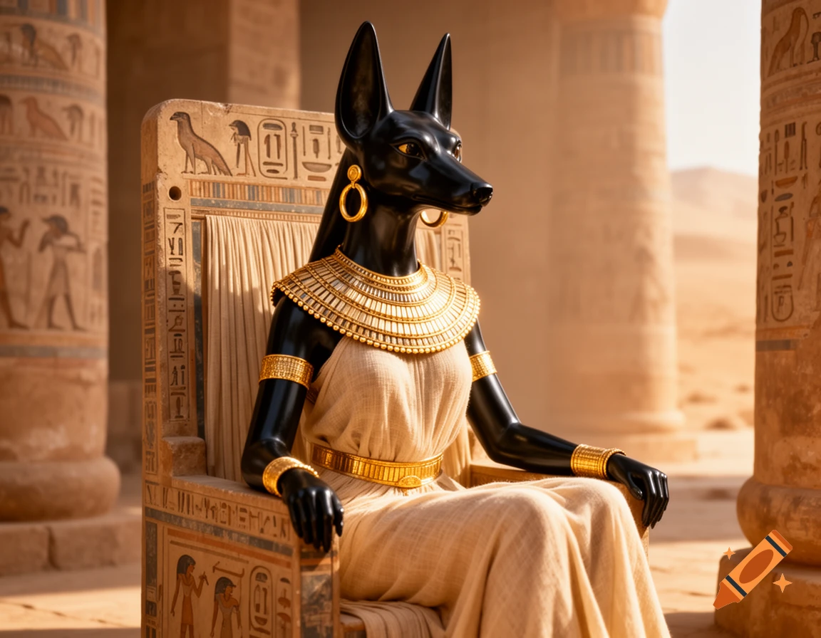 A dark-skinned jackal-headed goddess, wearing gold jewelry and a white dress, sits on an ornate Egyptian chair amidst ancient temple ruins in a desert.