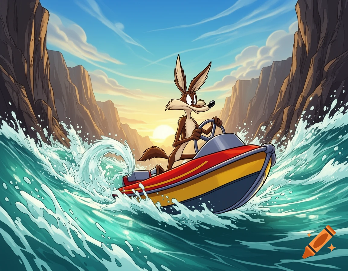 Wile E. Coyote, a cartoon character, drives a red and yellow dinghy through choppy water, creating a large splash, with rocky cliffs and a sunset sky in the background.