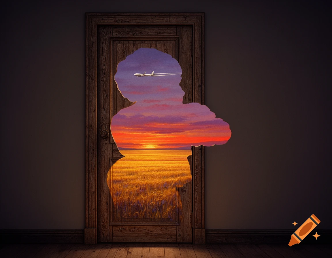 A surreal wooden door with a cloud-shaped opening revealing a golden field at sunset with an airplane in the sky.