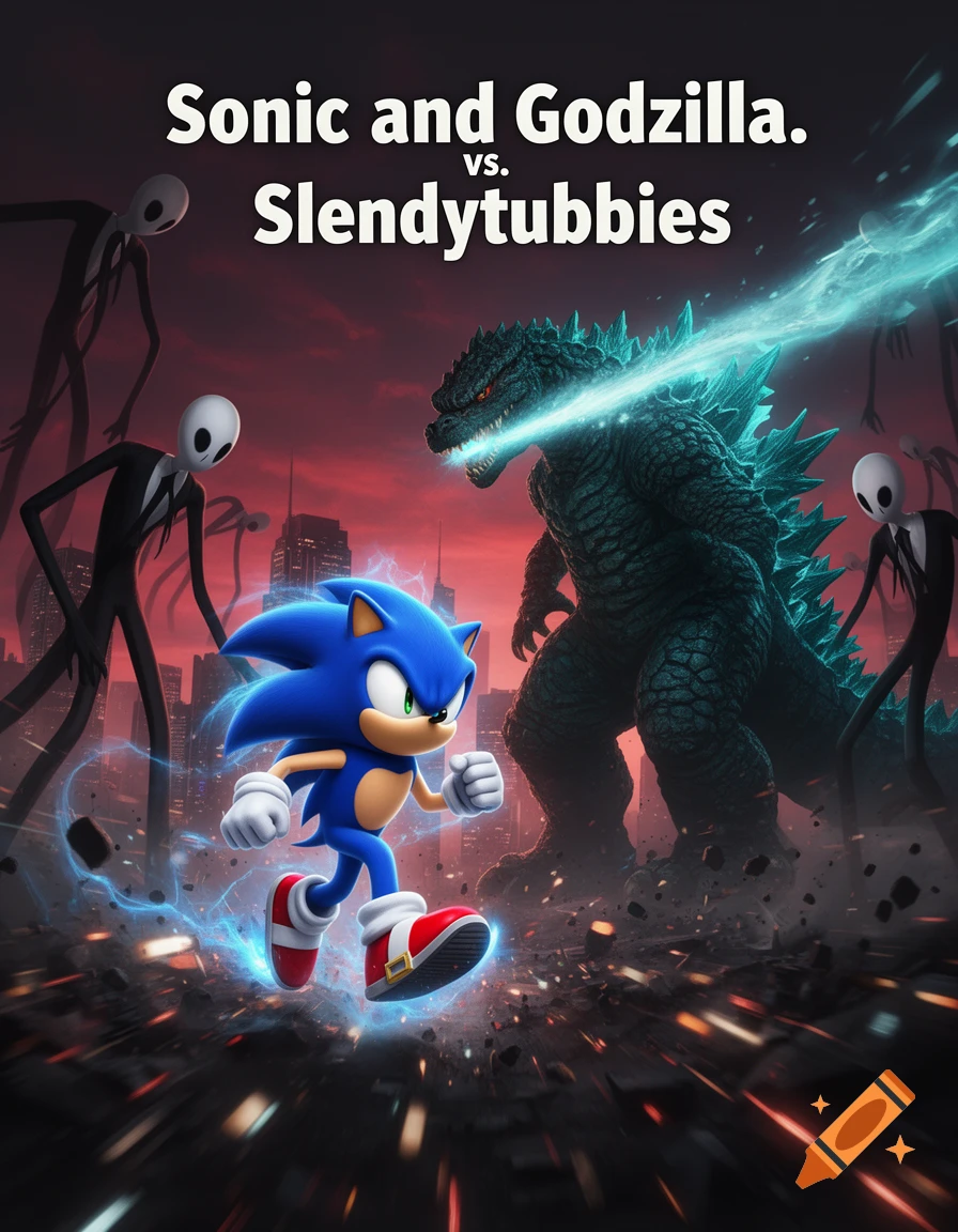 Sonic and Godzilla battle Slenderman-like figures in a dark, stylized city.