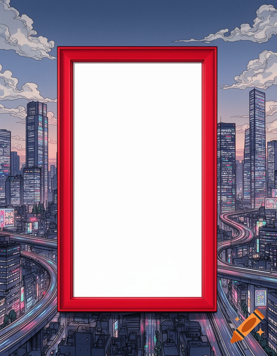 A red portrait frame with a white center stands against an anime-style cityscape with highways, tall buildings, and a cloudy sky.