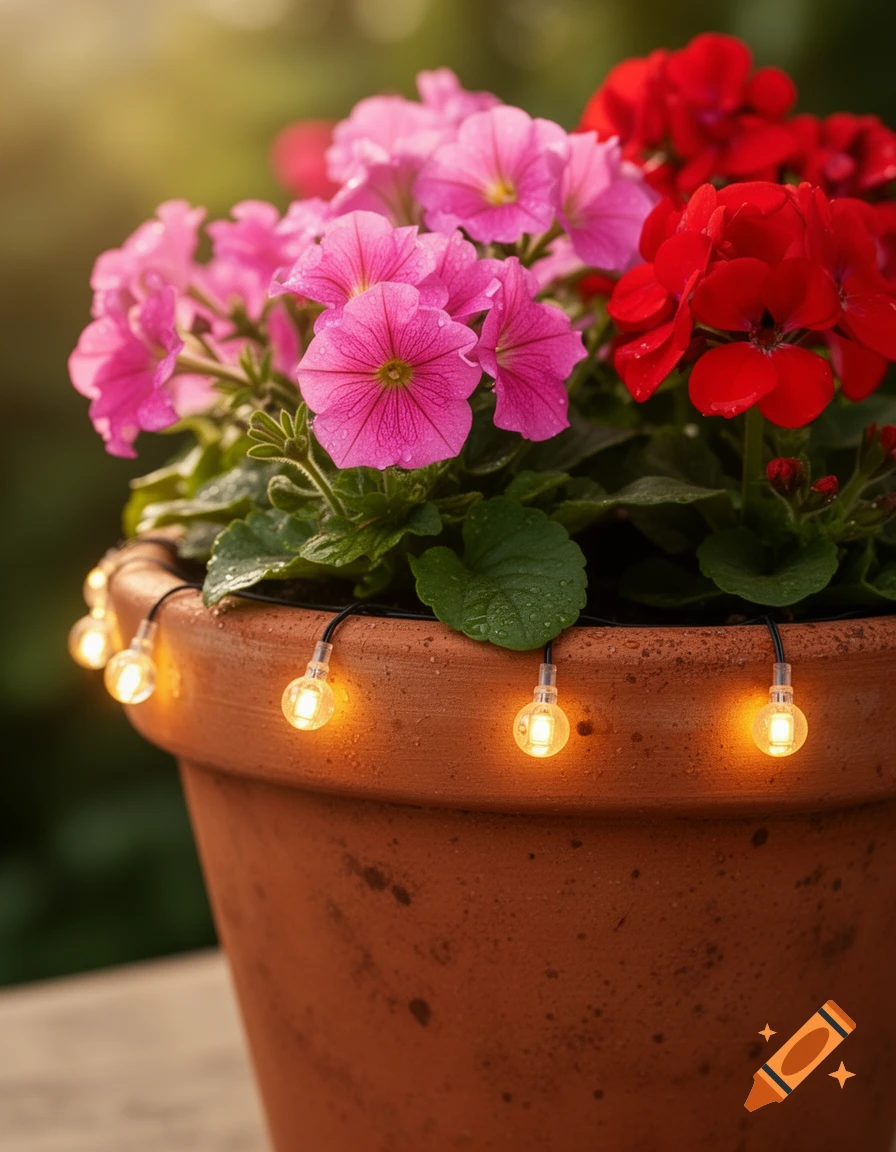 Close-up of a terracotta flower pot with pink petunias and red geraniums, adorned with small glowing LED string lights.
