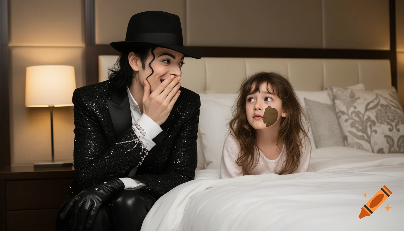 A Michael Jackson impersonator laughs while a young girl on a bed has brown goo on her face in a photorealistic style.