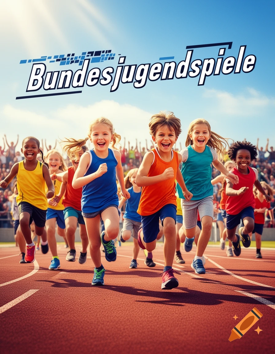 A group of diverse, smiling children runs a race on a track under a blue sky, with the text 'Bundesjugendspiele' above.