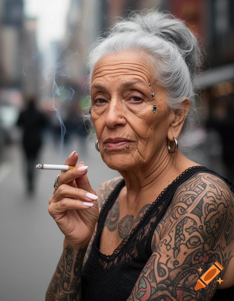 Photorealistic portrait of an elderly woman with grey hair, tattoos, and piercings, smoking a cigarette.