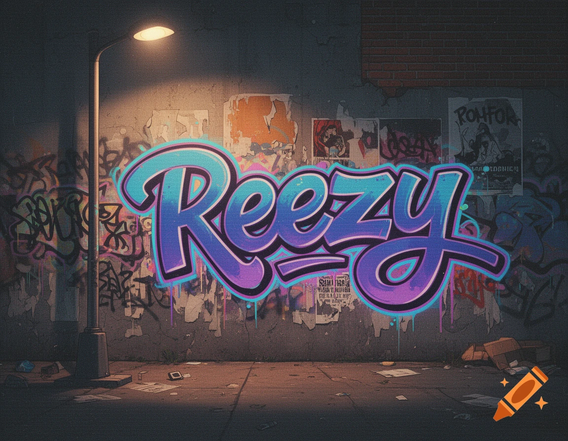 Vibrant 'Reezy' graffiti on a grunge wall under a street lamp at night, in a 90s VHS style.