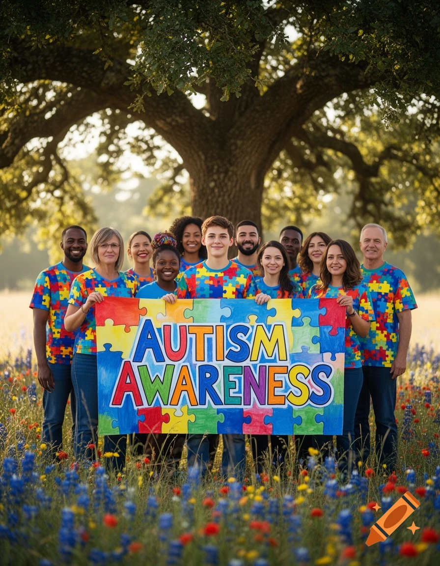 A diverse group of people in puzzle-piece shirts hold an "AUTISM AWARENESS" banner in a field of wildflowers under a tree.