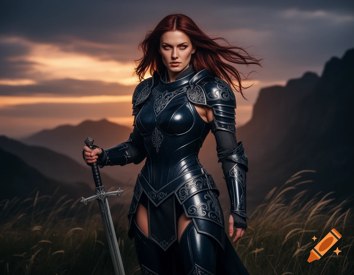 A determined female warrior with red hair and glowing eyes in dark ornate armor holds a sword in a grassy field with mountains and a sunset sky.