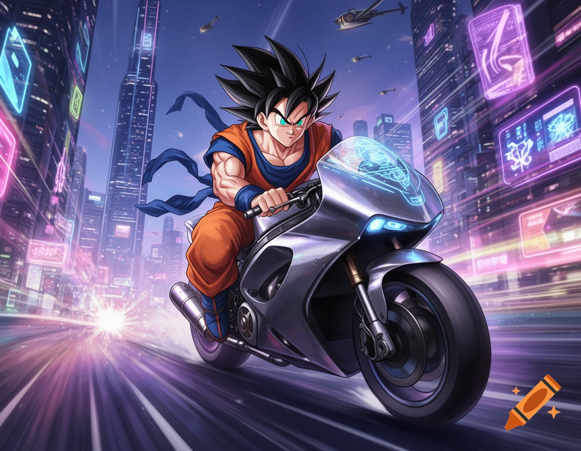 Goku from Dragon Ball rides a sleek silver motorcycle down a neon-lit street in a futuristic cyberpunk city with tall buildings.