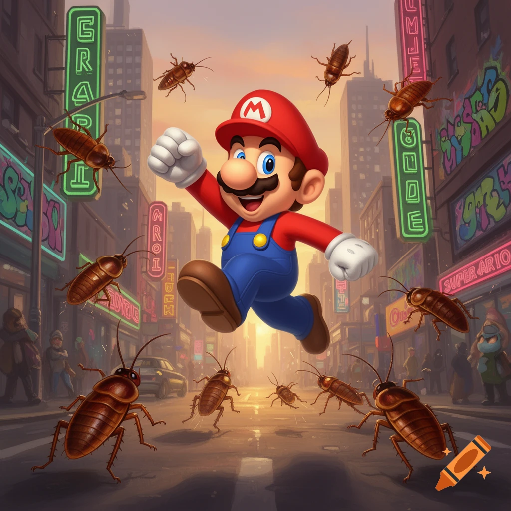 Super Mario runs through a city street at sunset, jumping over many large cockroaches in a vibrant, illustrated style.