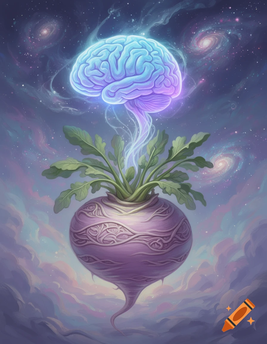 A glowing blue and purple brain emerges from a stylized purple turnip-like root with green leaves, floating in a surreal cosmic sky with galaxies and clouds.