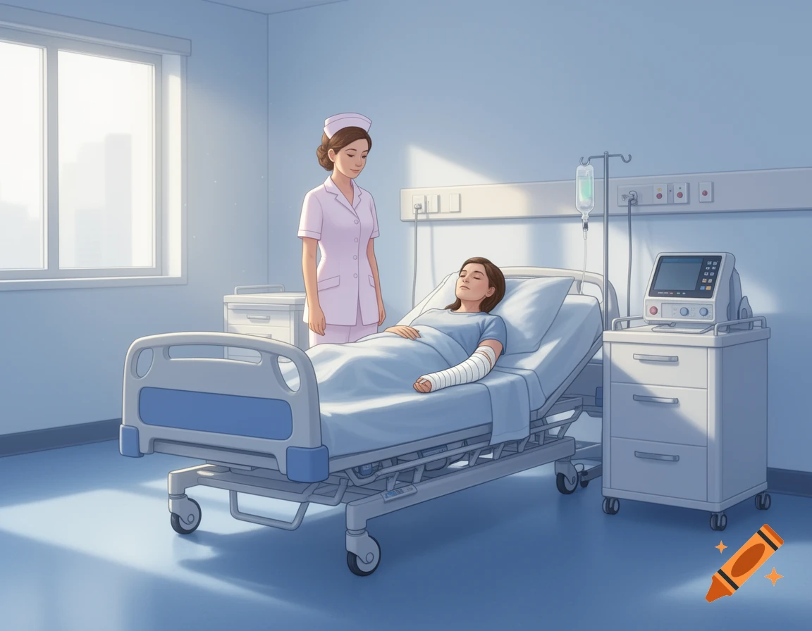 Illustration of a patient with a cast in a hospital bed and a nurse standing by in a bright room.