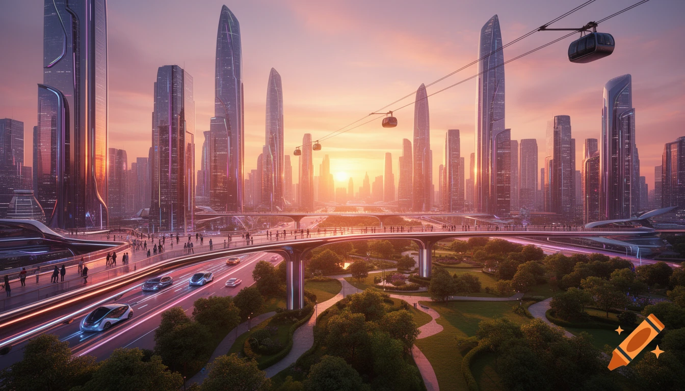 A vibrant futuristic cityscape at sunrise, featuring sleek skyscrapers, elevated roads with futuristic cars, and a lush park.