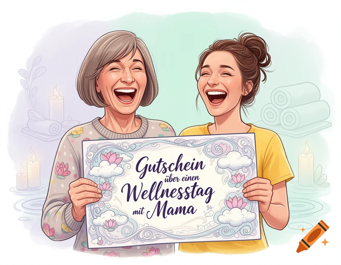 Two cheerful women in an illustration, holding a 'Wellness Day with Mom' gift certificate.