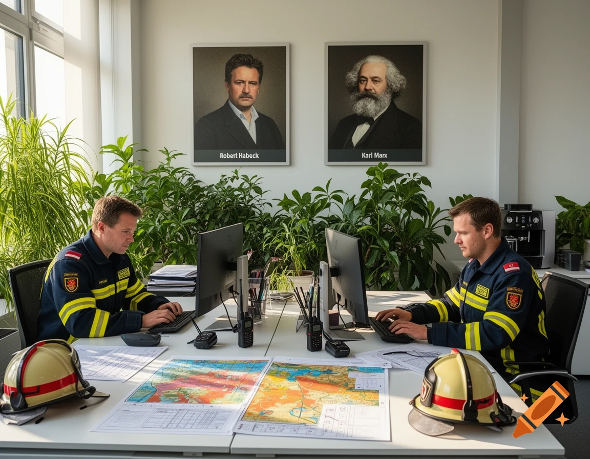Two firefighters in uniform work at computers in a modern office with maps and communication radios. Portraits of Robert Habeck and Karl Marx hang on the wall, surrounded by many green plants.