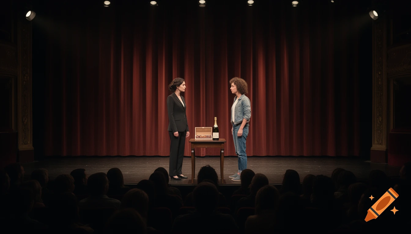 Two women stand facing each other on a dimly lit theater stage with a table, champagne, and chocolates between them, viewed from an audience perspective.