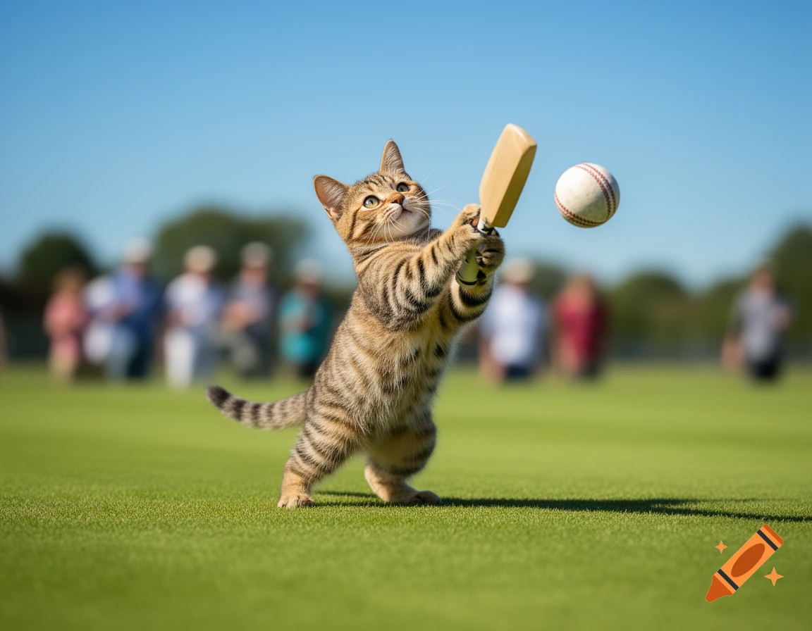 A cute tabby cat swings a tiny wooden cricket bat at a baseball on a sunny green field, with blurred people in the background.