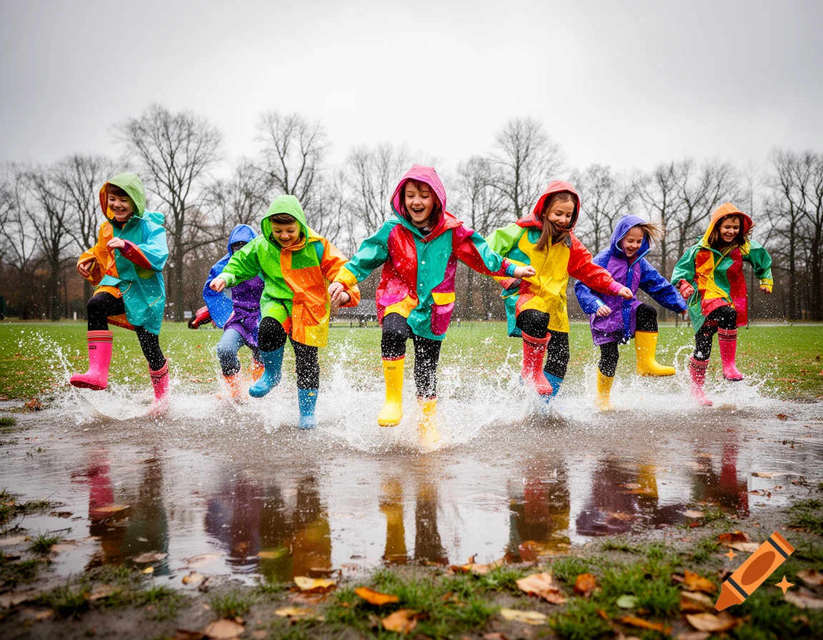 Children in colorful raincoats and boots joyfully run and splash through puddles in a grassy park.