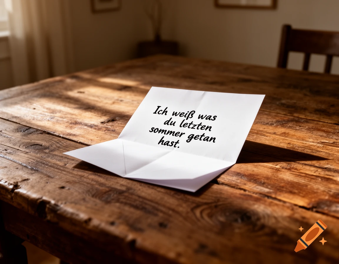 A white paper with the text 'Ich weiß was du letzten sommer getan hast' (I know what you did last summer) lies on a rustic wooden table.