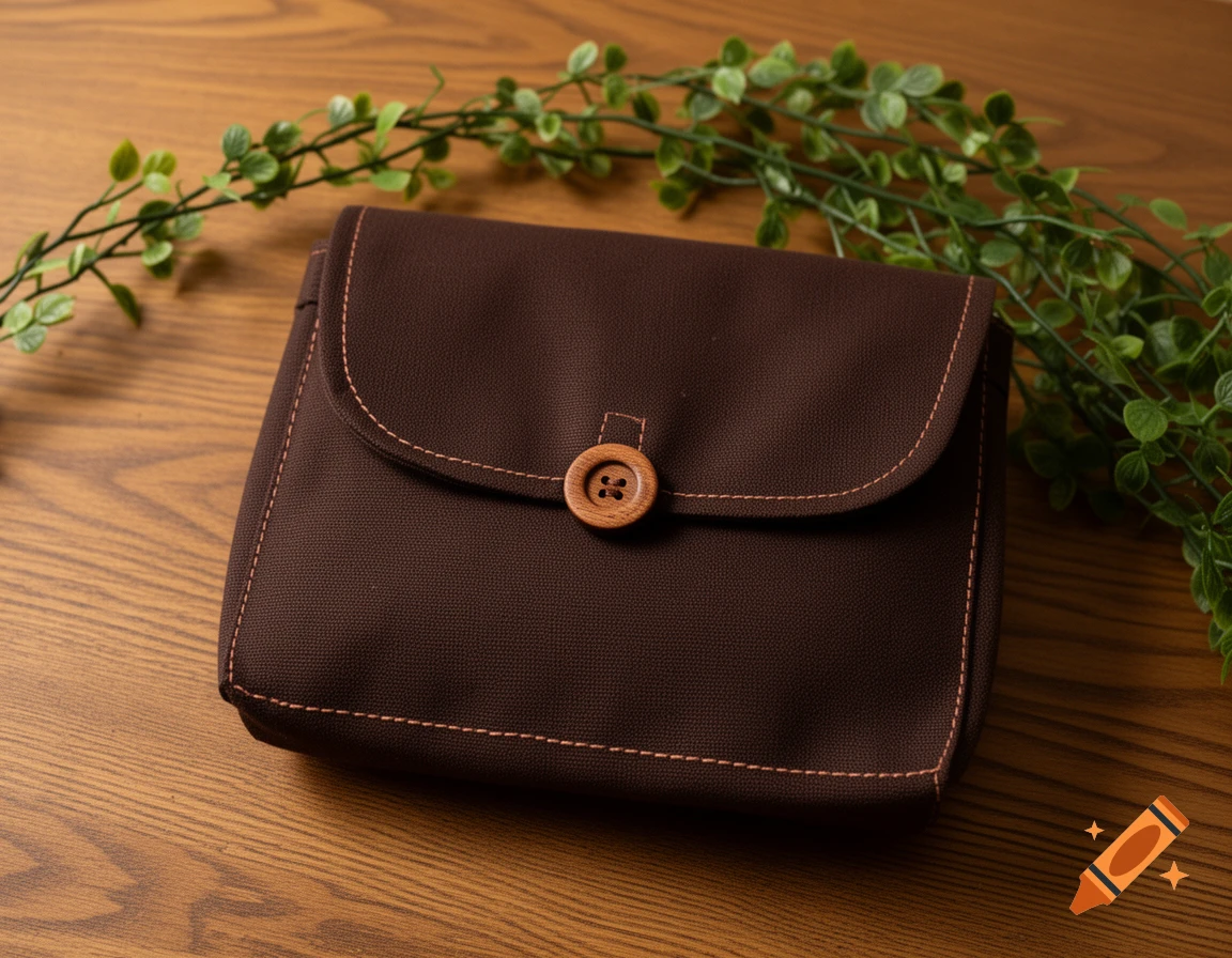 A dark brown fabric bag with a wooden button and pastel brown stitching rests on an oak table beside a green vine of fake plants.