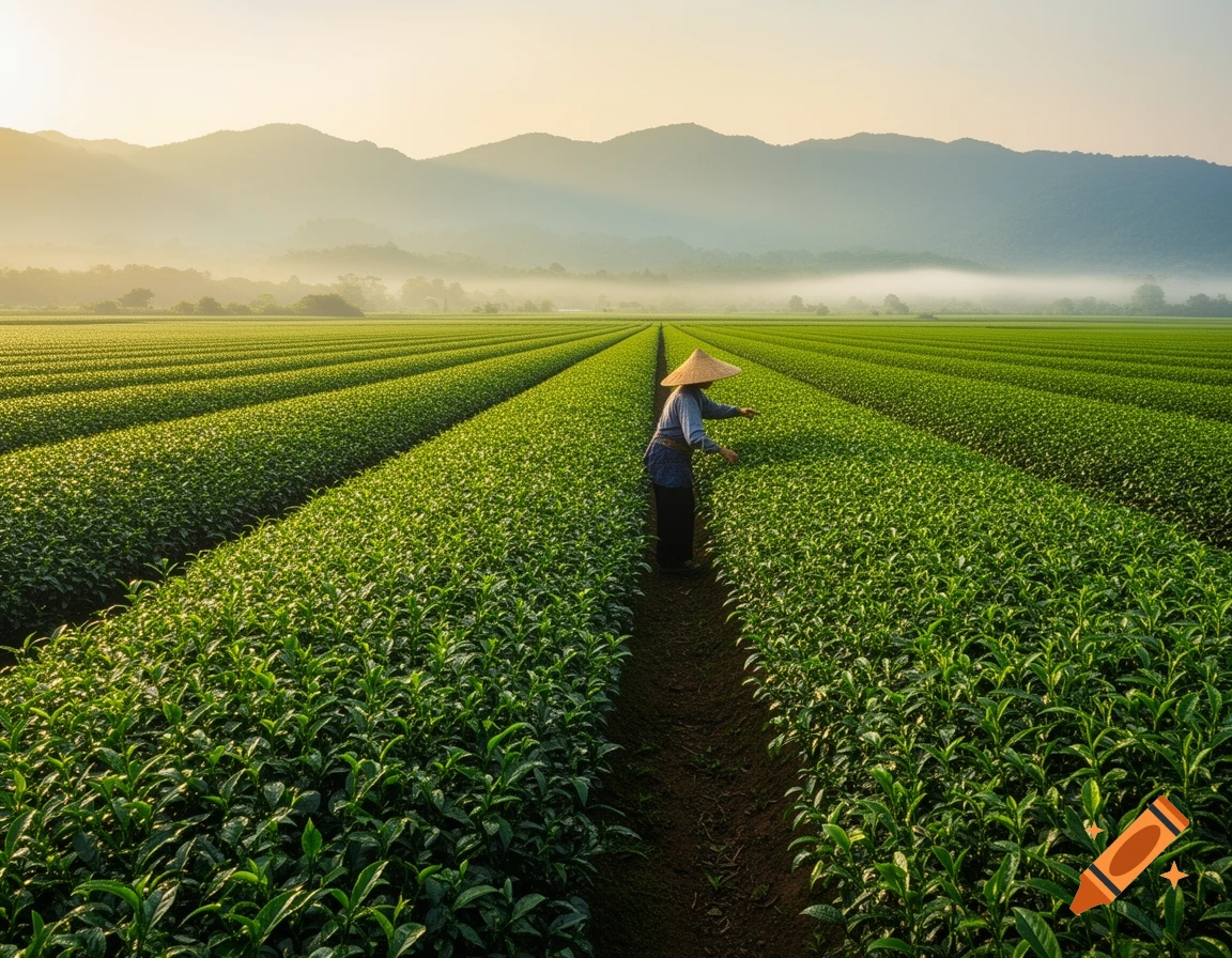 A person wearing a conical hat works in a vast green field with rows of plants extending to misty mountains under a bright sky.