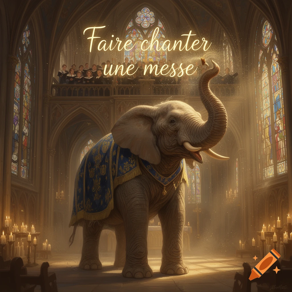 A majestic elephant wearing a blue and gold blanket stands in a grand church, trunk raised, with text 'Faire chanter une messe' and a choir.