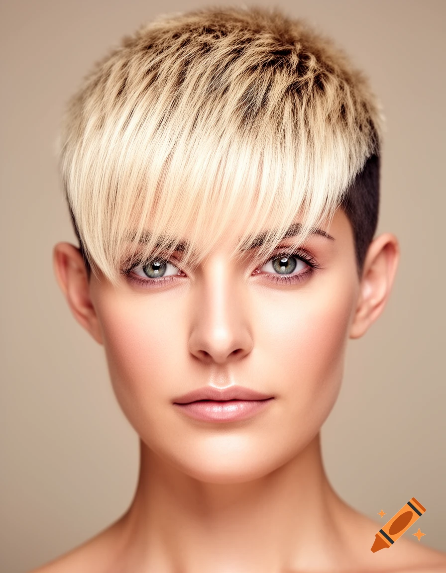 Close-up portrait of a woman with a blonde pixie cut, short buzzed sides, and long bangs.