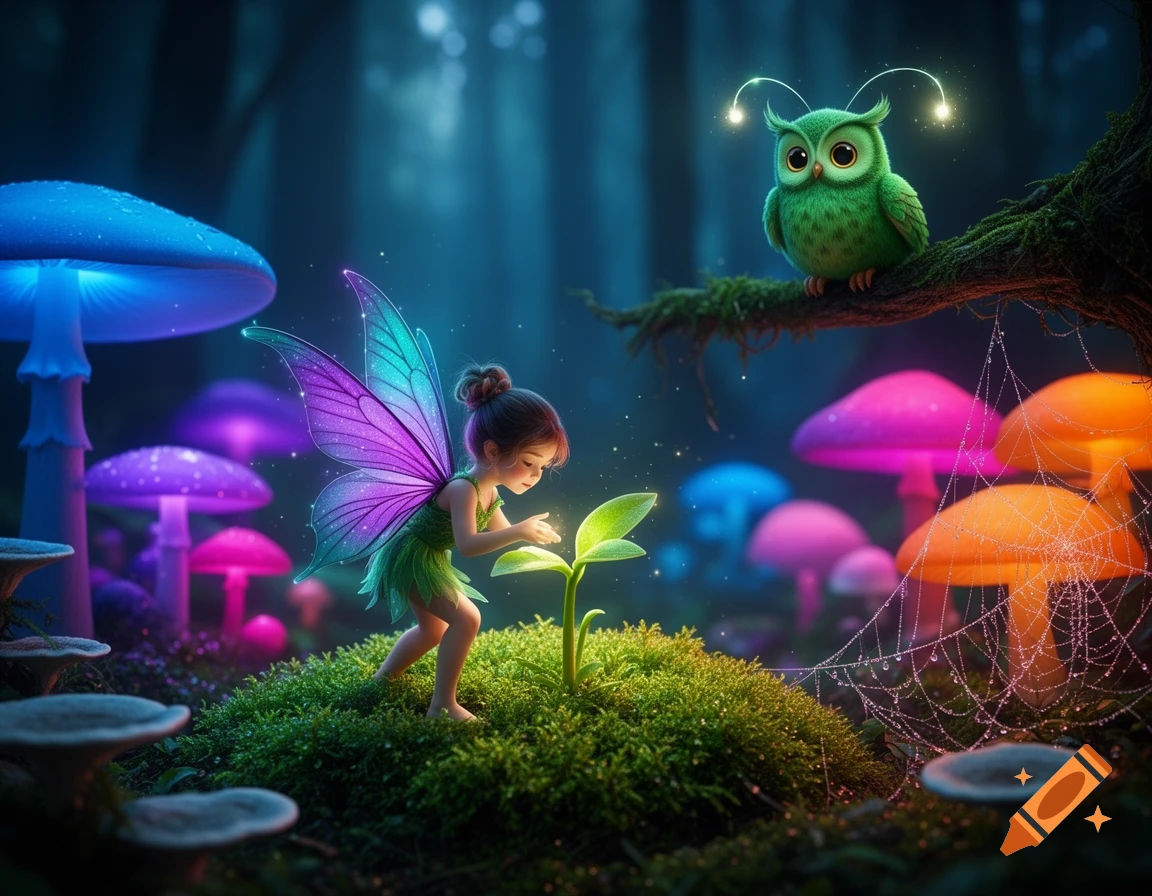 A tiny fairy with glowing purple and teal wings interacts with a plant sprout in an enchanted forest with colorful glowing mushrooms and a green owl on a branch.