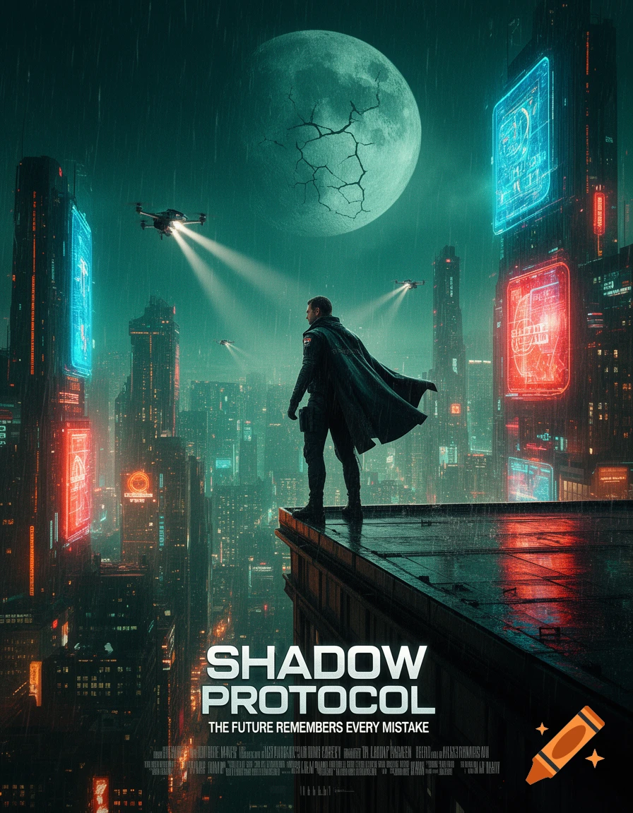 A lone figure in a trench coat stands on a skyscraper overlooking a rainy, neon-lit cyberpunk city with drones, a fractured moon, and text 'SHADOW PROTOCOL'.
