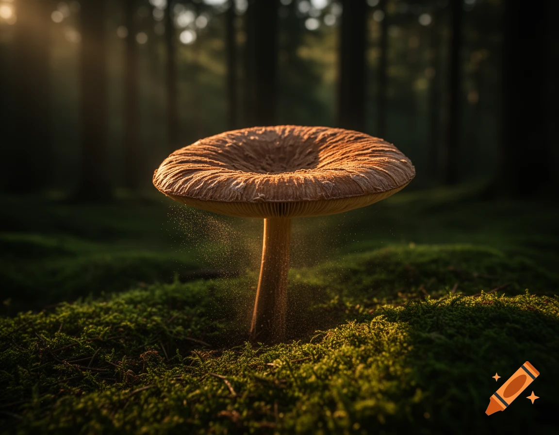 A large mushroom cap releasing glowing spores in a dark, mossy forest, illuminated by dramatic golden sunlight.