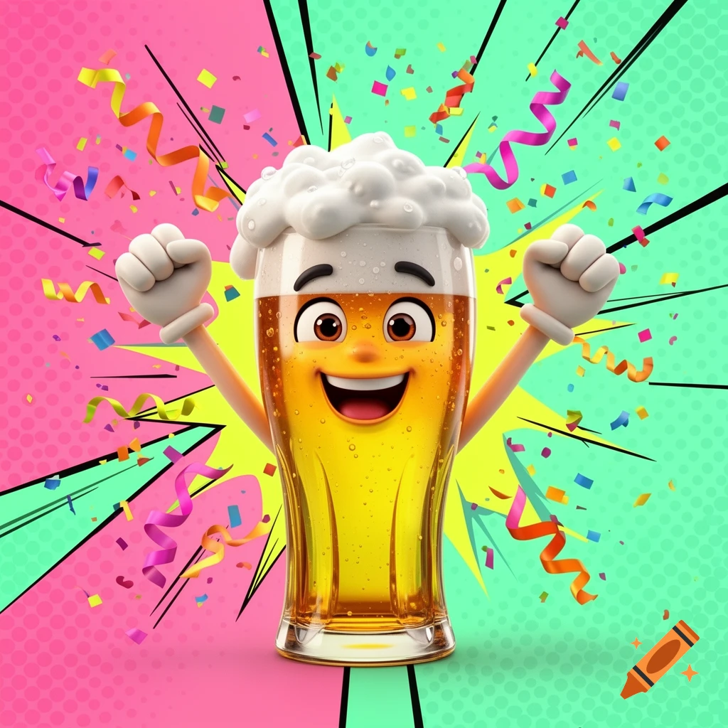 A happy 3D cartoon beer glass character with foam on top, raising its fists in triumph amidst colorful confetti on a pop art background.