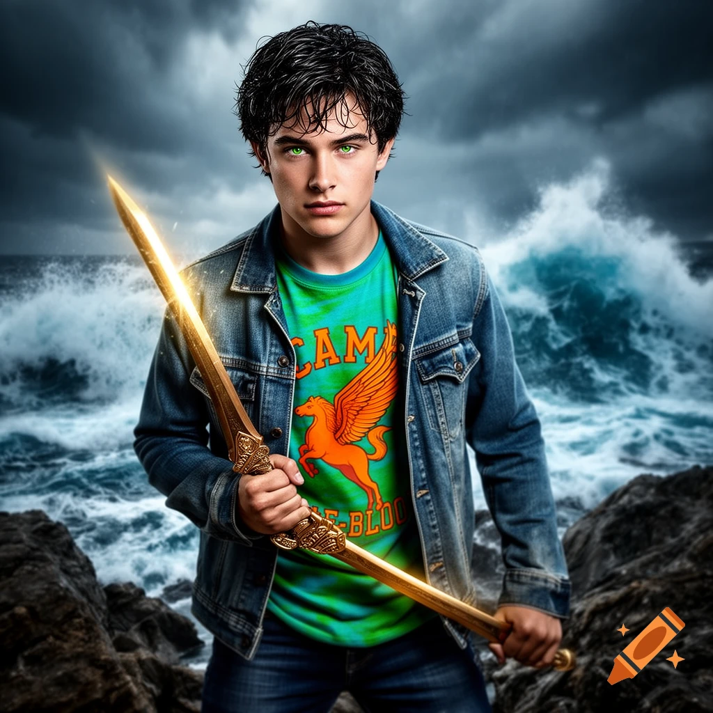 A young man with green eyes and dark hair, dressed in a denim jacket and a green t-shirt, holds a glowing golden sword on a rocky shore with stormy waves behind him.
