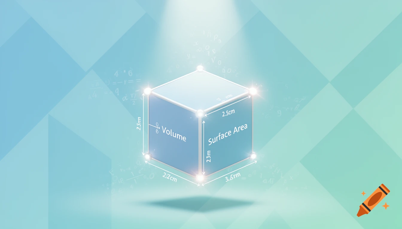 A glowing, light blue 3D cube with labels for 'Volume' and 'Surface Area' and dimensions '2.3m', '2.5cm', '2.2cm', '3.6nm' on a blue background with faint mathematical equations.