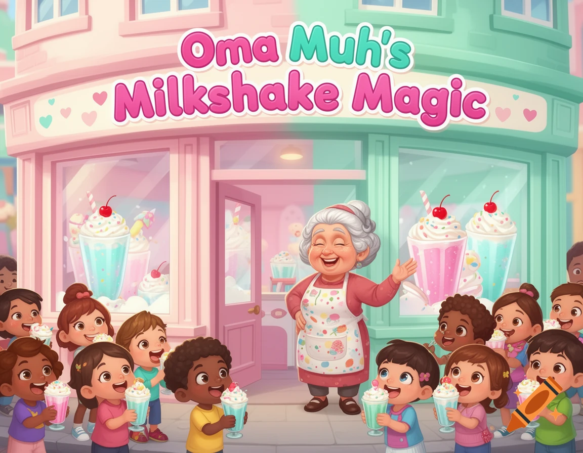 Smiling old woman with happy children holding milkshakes in front of 'Oma Muh's Milkshake Magic' shop in a colorful cartoon style.