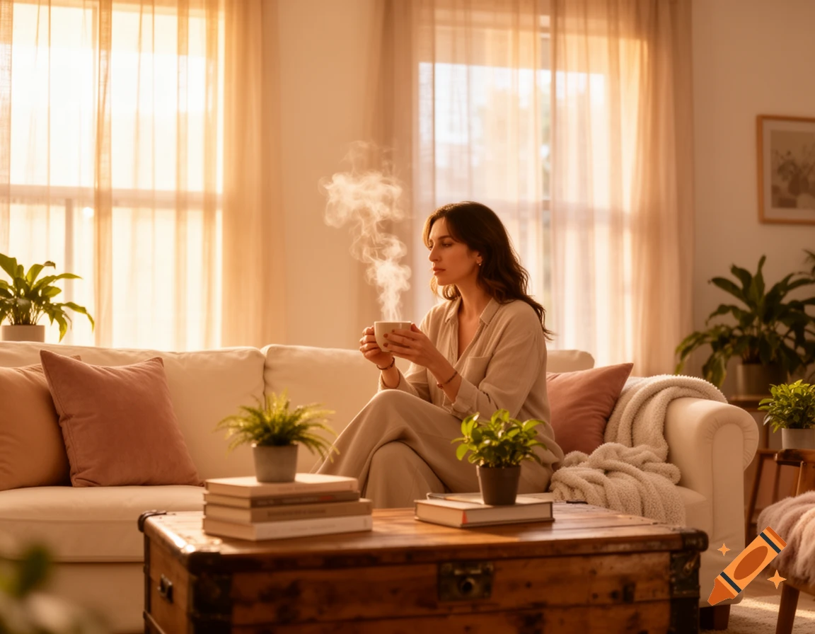 A woman in pajamas sits on a living room couch, enjoying a steaming cup in the warm morning sunlight.